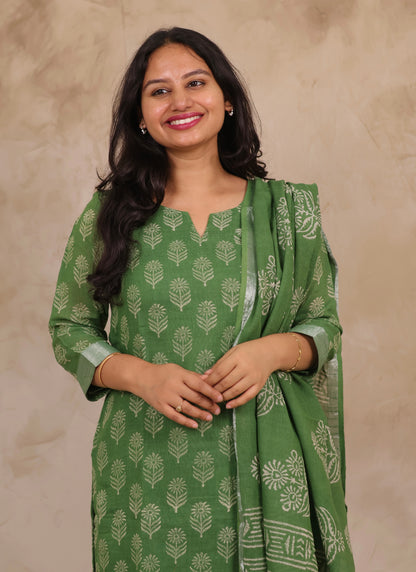 Green Linen Cotton Handblock printed 3 piece suit (stitched)