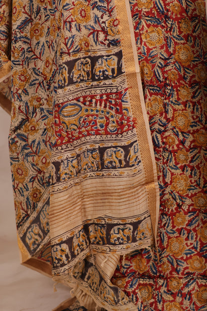 Hand Block Printed Kalamkari Unstitched 3pc Suit Set