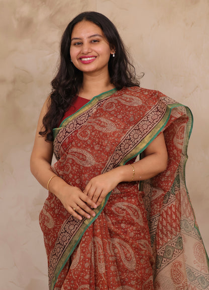 Maroon Pure Kota Doria Saree with Bagru Handblock Prints | Looms & Tassels
