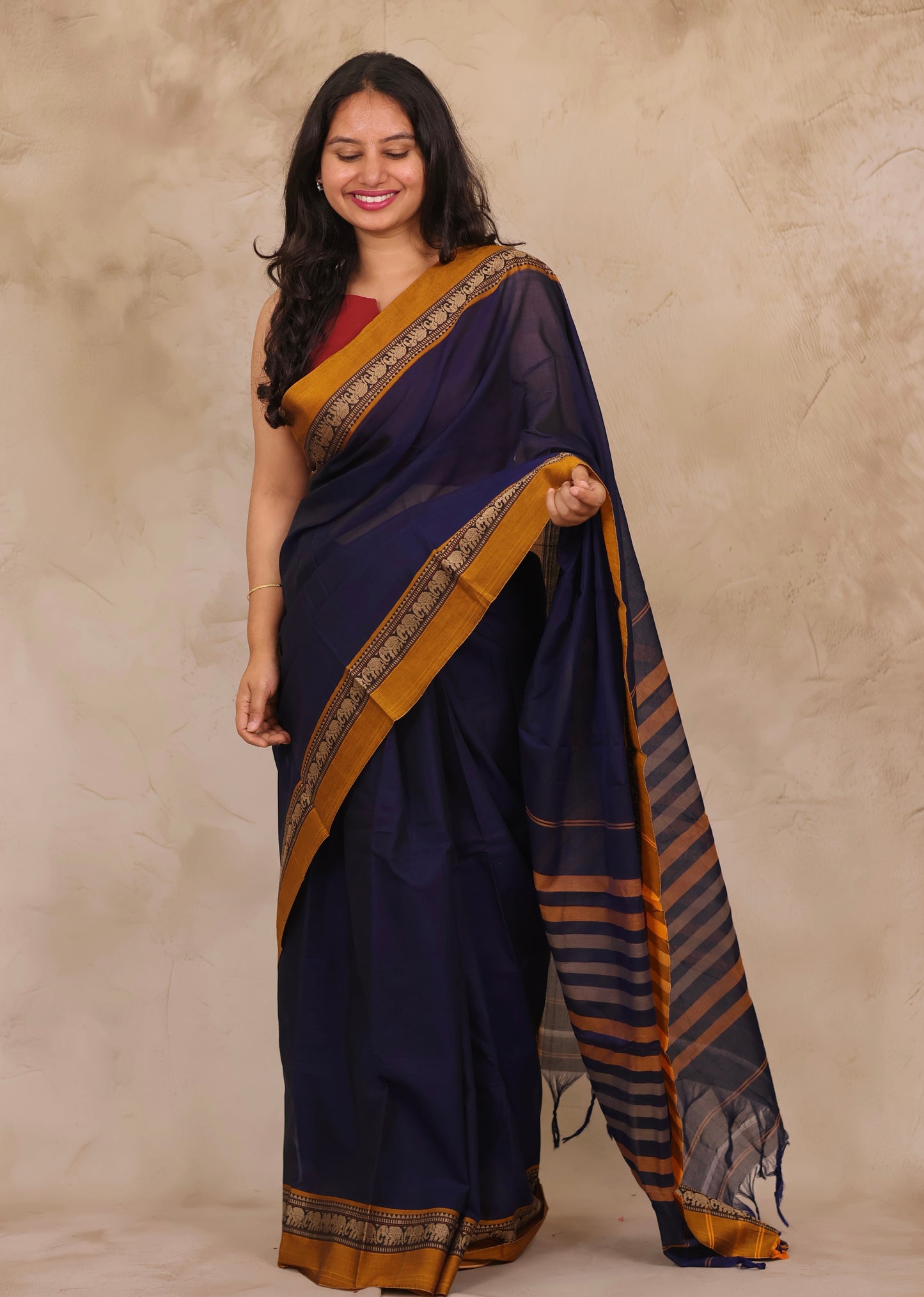 Blue Narayanpet Cotton Saree with Elephant Border | Looms & Tassels