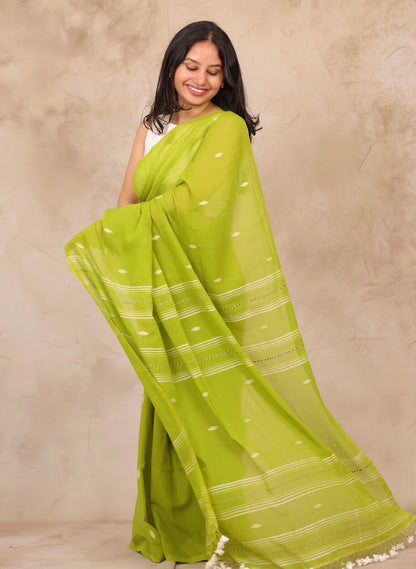 Parrot Green Malai Cotton Saree with Butta Weaving | Looms & Tassels