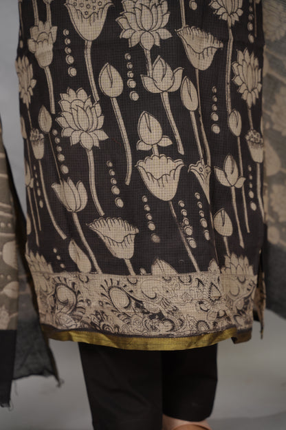 Black Kalamkari Kota Cotton 3 piece suit (stitched) | Looms & Tassels