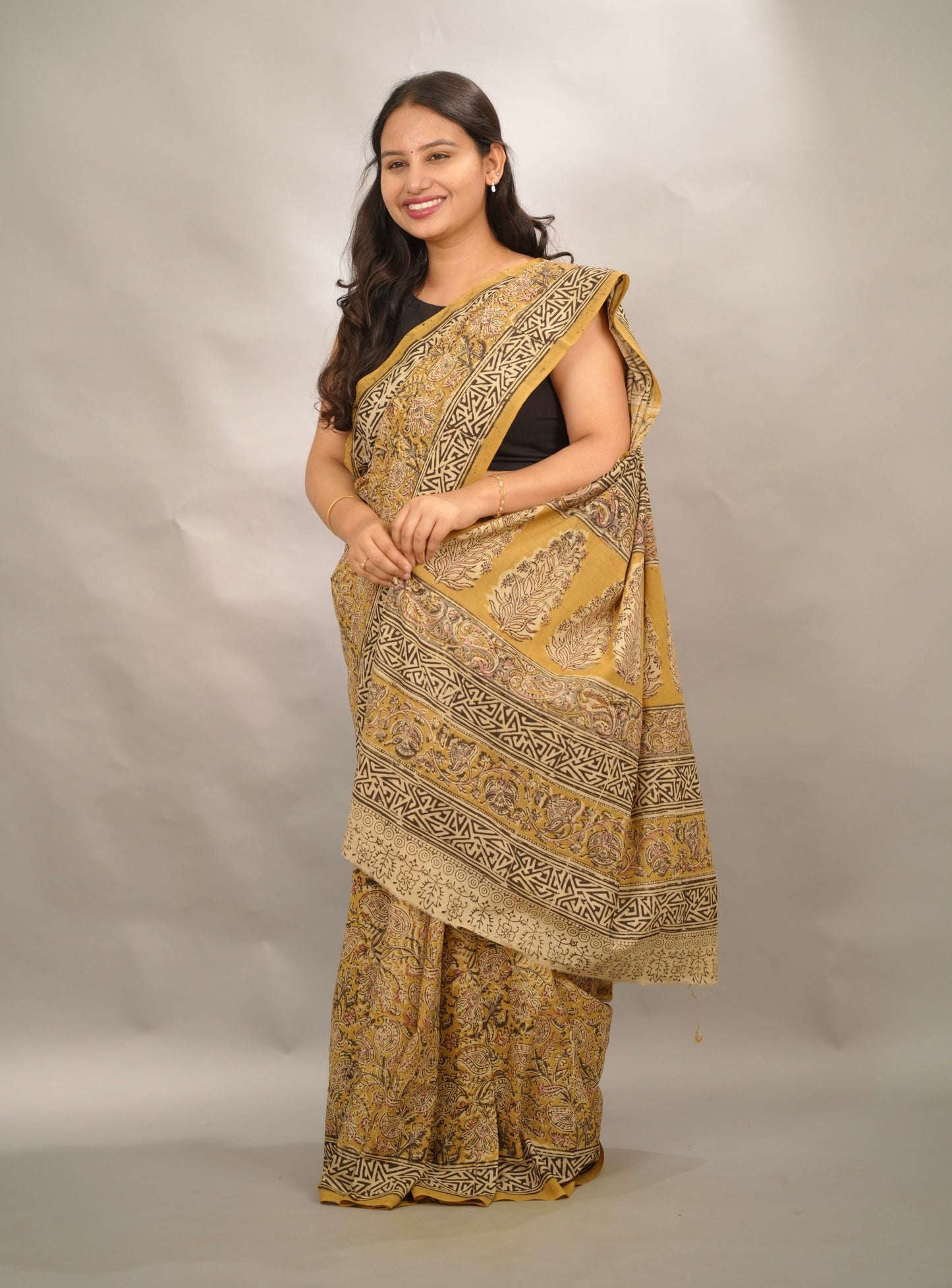 Mustard Hand Block Printed Kalamkari Cotton Saree | Looms & Tassels
