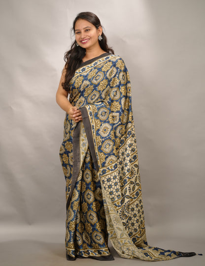 Cream & Blue Badam Butta Authentic Ajrakh Handblock Printed Modal Silk Saree | Looms & Tassels