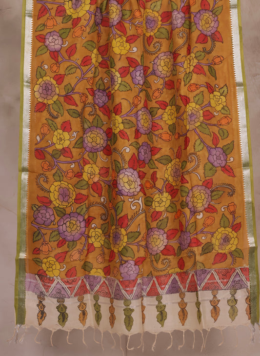 Mustard Pen Kalamkari Mangalagiri silk Dupatta