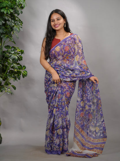 Violet Chiffon Hand Block Printed Saree | Looms & Tassels