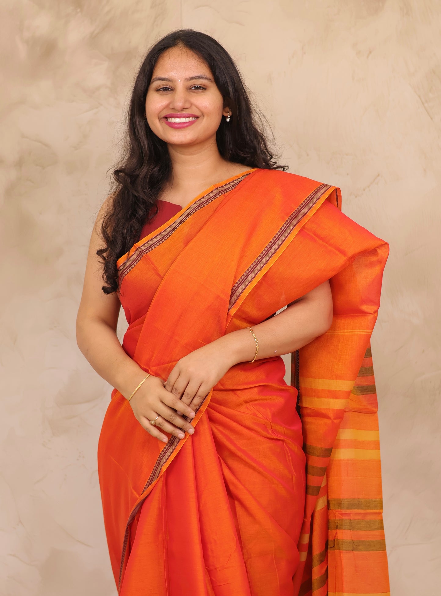 Orange Narayanpet Cotton Saree | Looms & Tassels