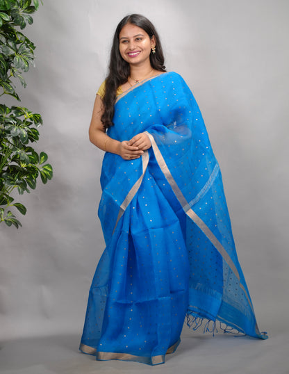 Blue Handwoven Muslin Silk Saree With Sequence Work | Looms & Tassels