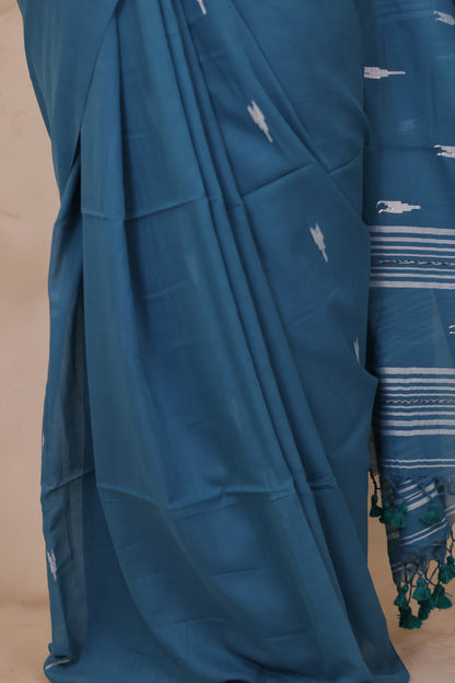 Blue Handwoven Malai Cotton Saree| Looms & Tassels