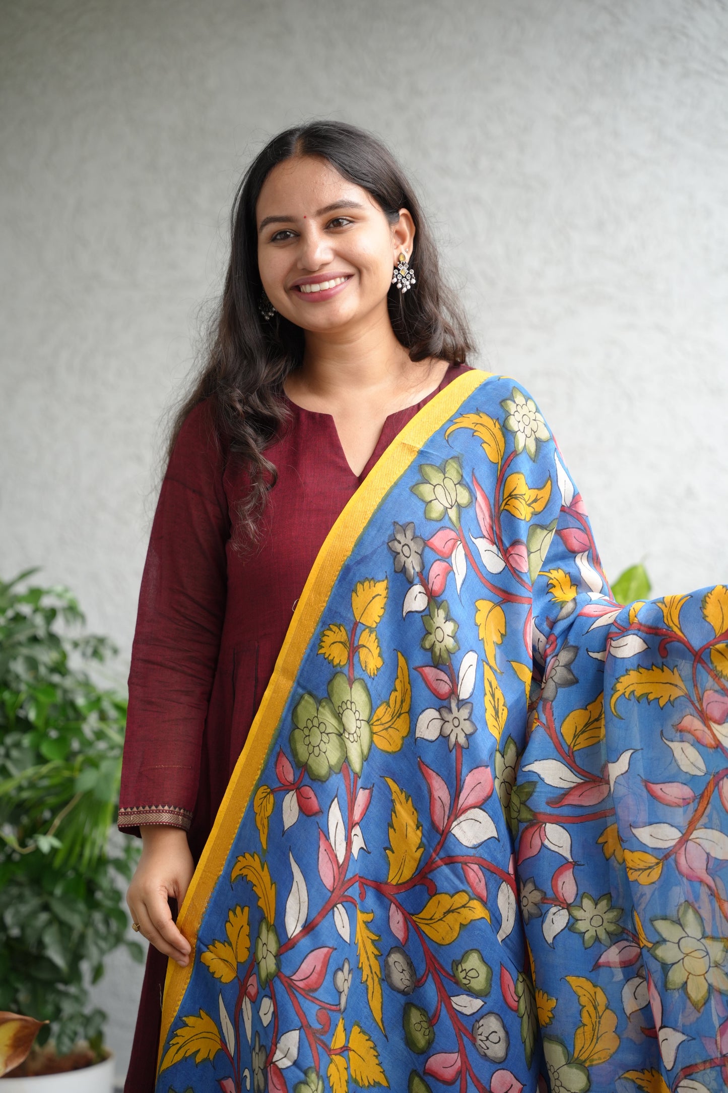 Blue Pen Kalamkari Mangalagiri silk Dupatta