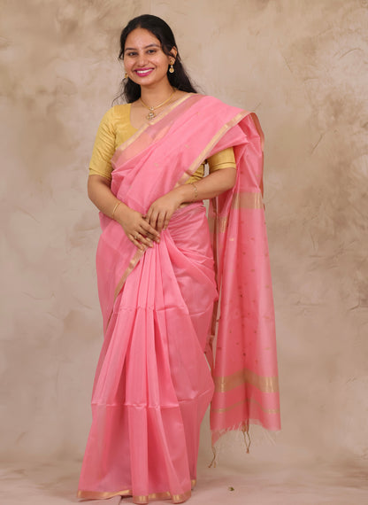 Baby Pink Handloom Maheswari Silk Cotton Sarees | Looms & Tassels
