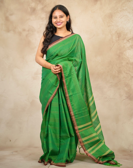 Parrot Green Narayanpet Cotton Saree lines weaving | Looms & Tassels