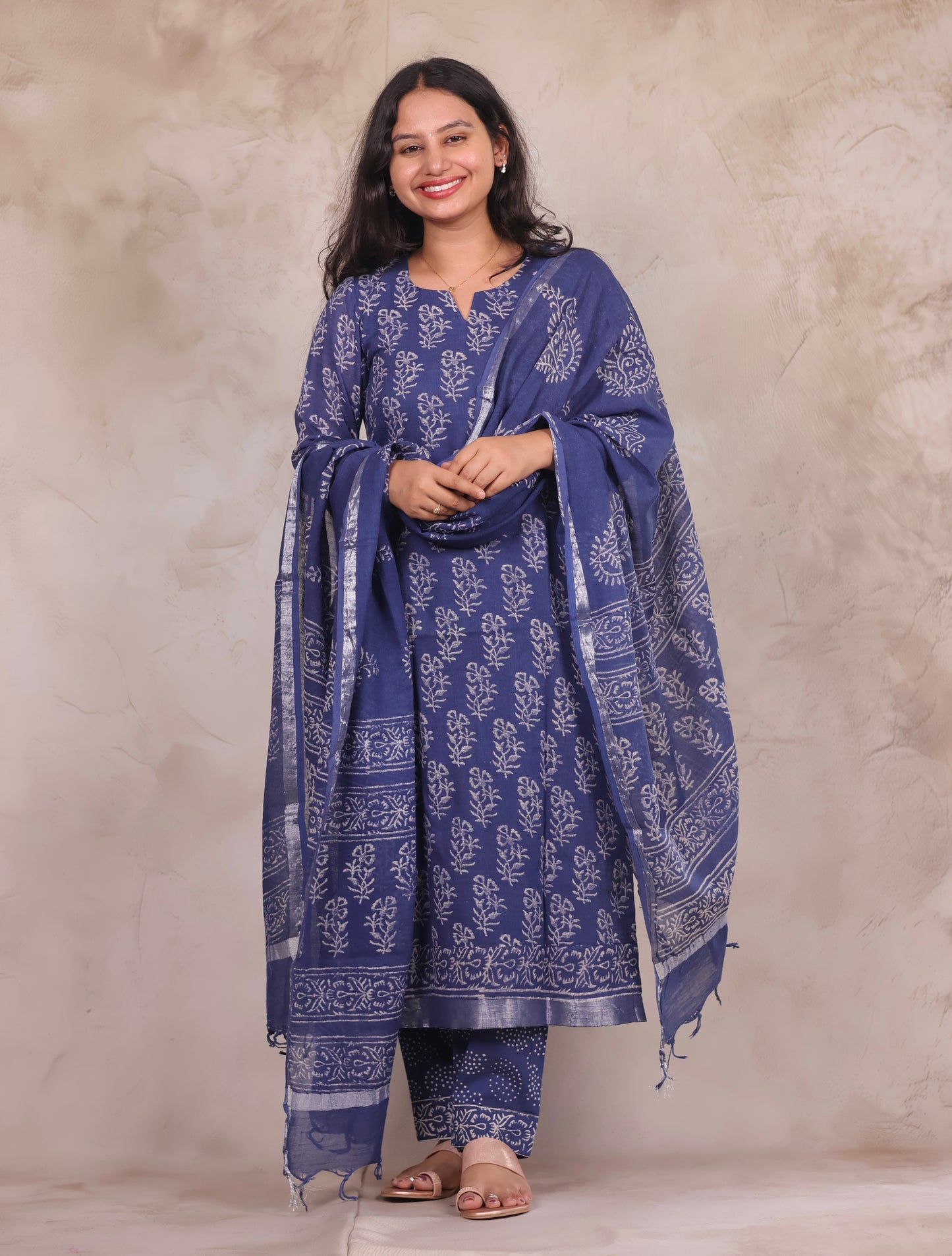 Indigo Linen Cotton Handblock printed 3 piece suit (stitched)