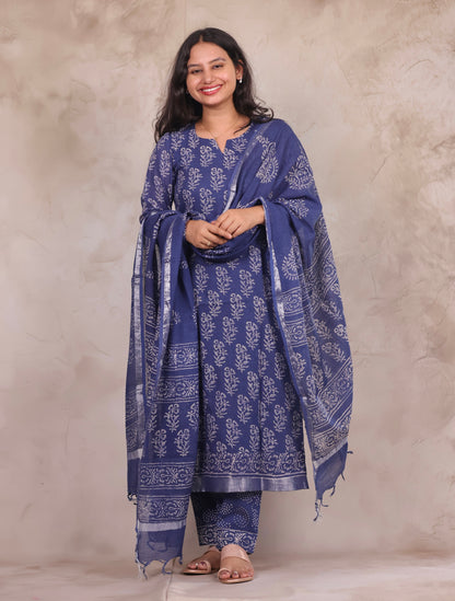Indigo Linen Cotton Handblock printed 3 piece suit (stitched)