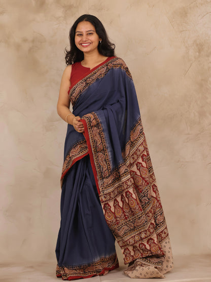 Blue Hand Block Printed Kalamkari Cotton Saree | Looms & Tassels
