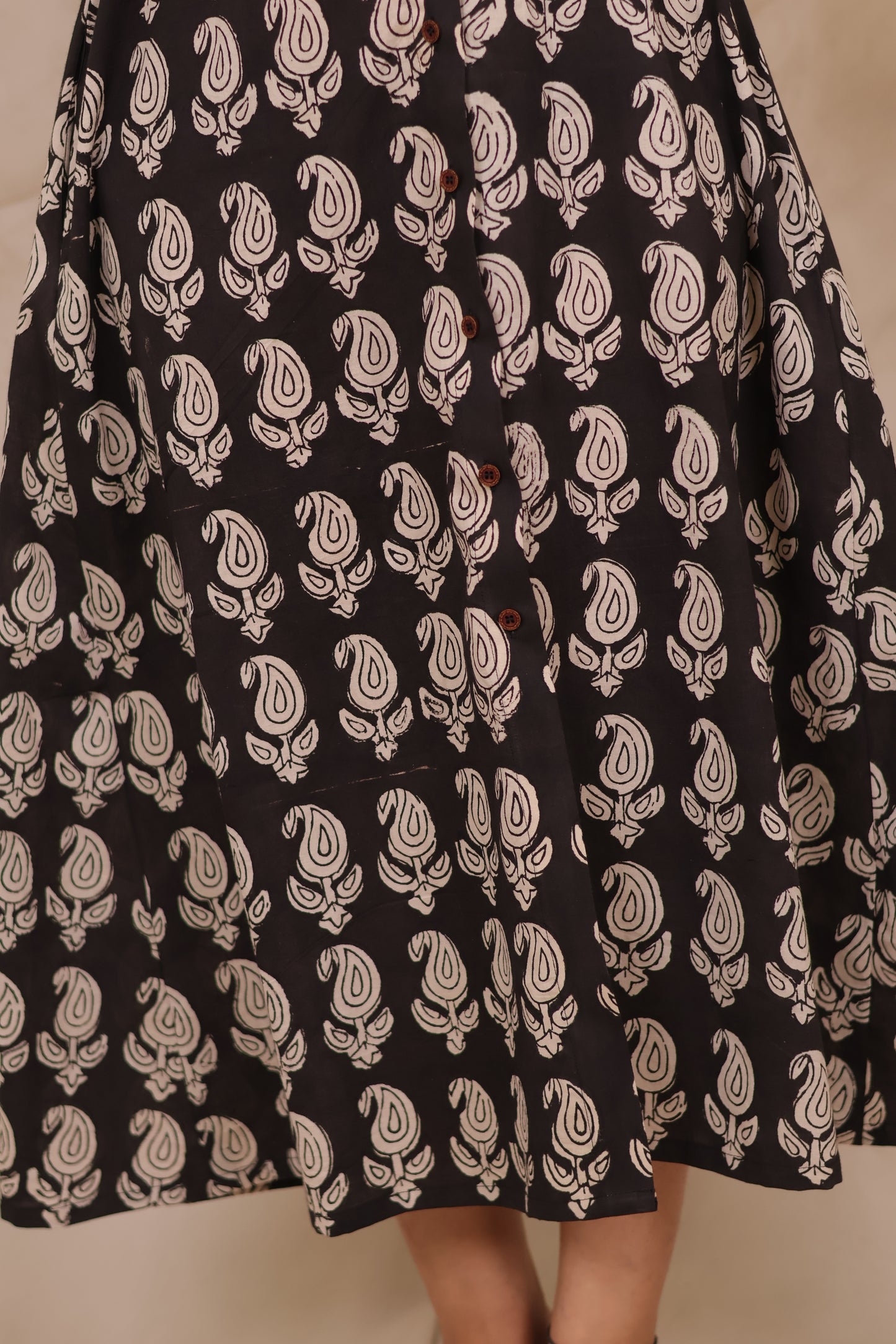 Black Paisley Hand Block Printed Pure Mul Cotton A-Line Shirt Dress | Looms & Tassels