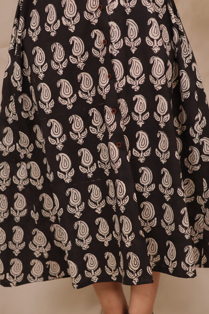 Black Paisley Hand Block Printed Pure Mul Cotton A-Line Shirt Dress | Looms & Tassels