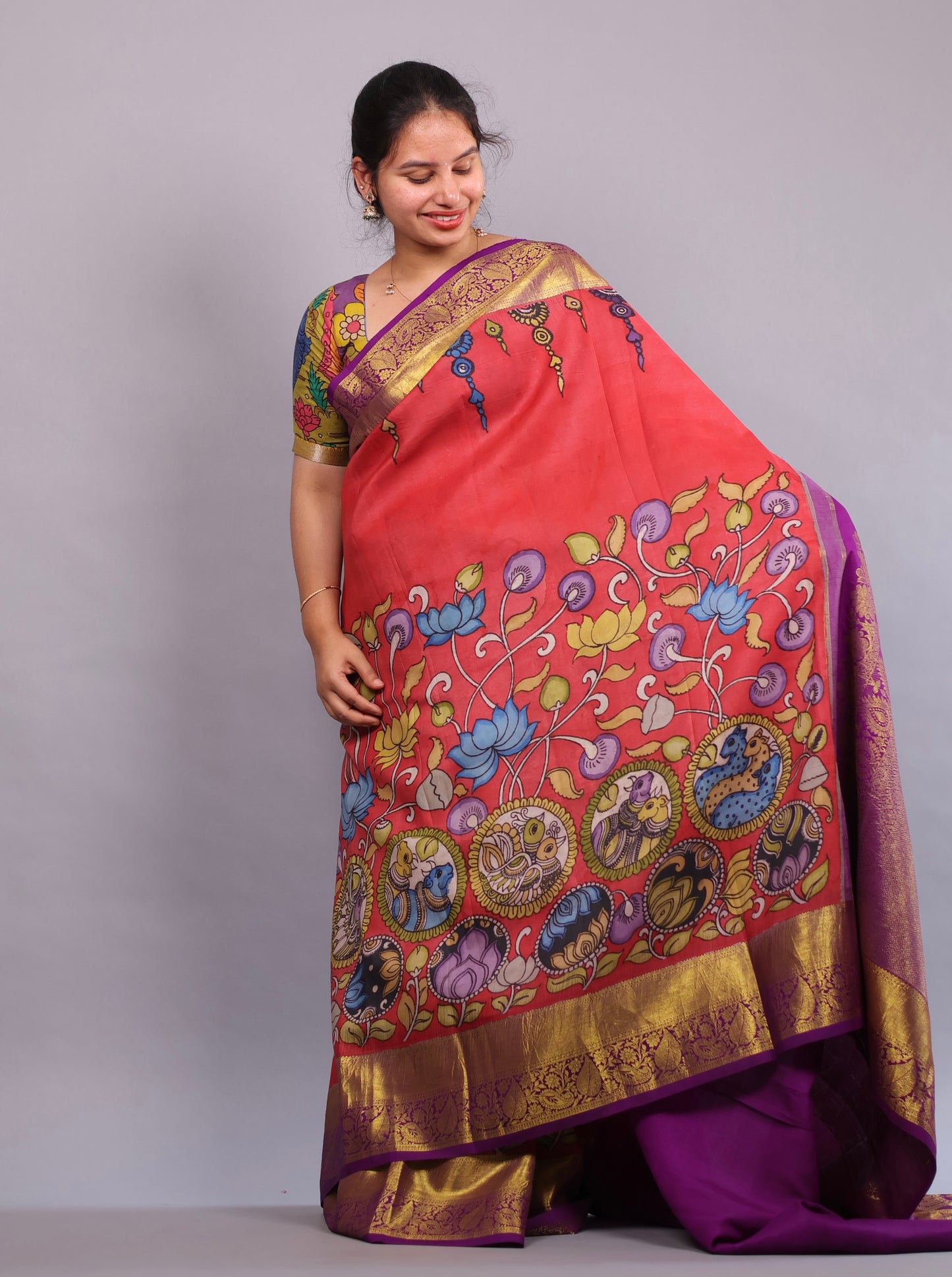 Kanchi Pattu Hand Painted Pen Kalamkari Saree