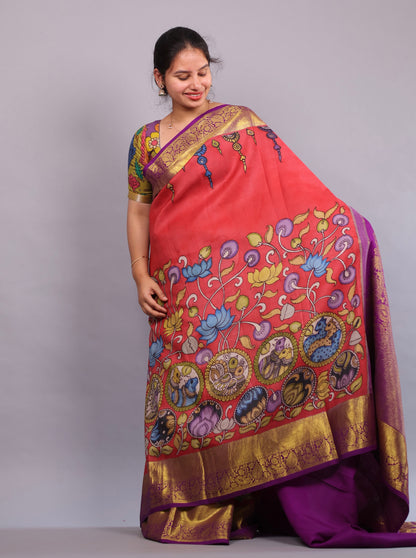 Kanchi Pattu Hand Painted Pen Kalamkari Saree