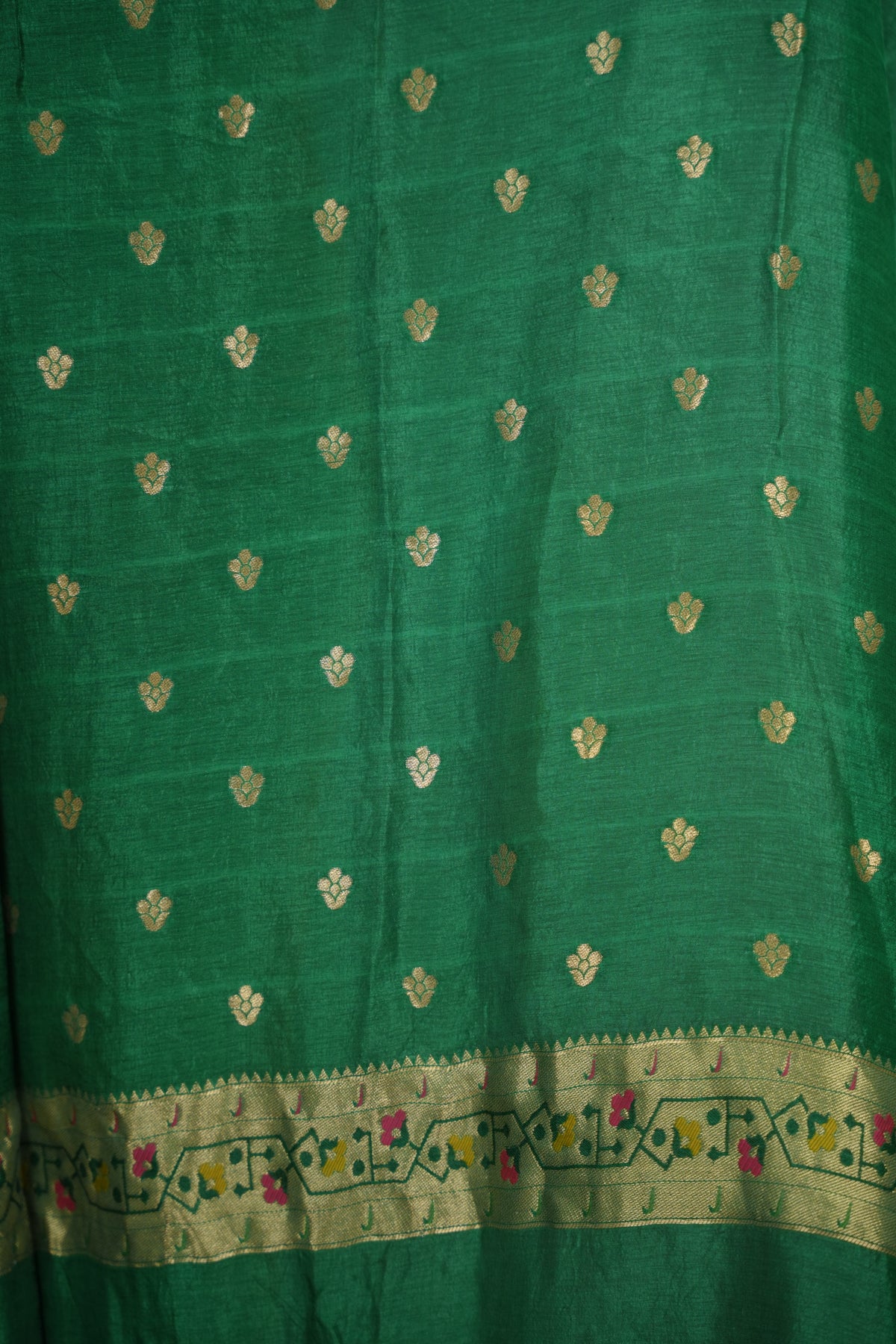 Green Handcrafted Pattern Bandhani Paithani Dola Silk Saree | Looms & Tassels