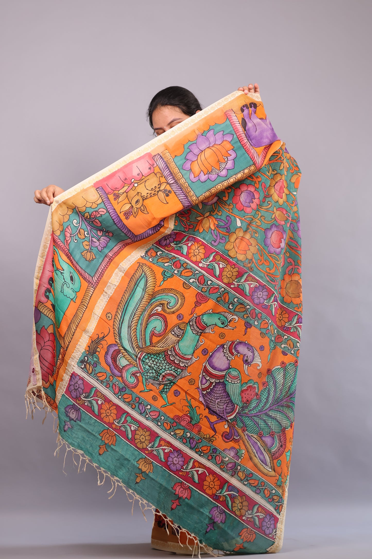 Sea Green Hand Painted Pen Kalamkari Bangalore Silk Saree with Sungdi Borders