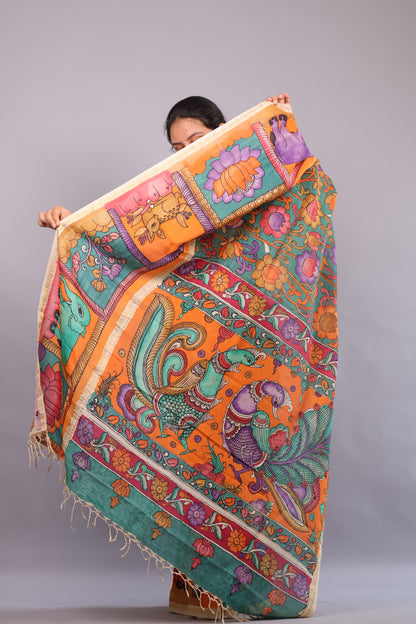 Sea Green Hand Painted Pen Kalamkari Bangalore Silk Saree with Sungdi Borders