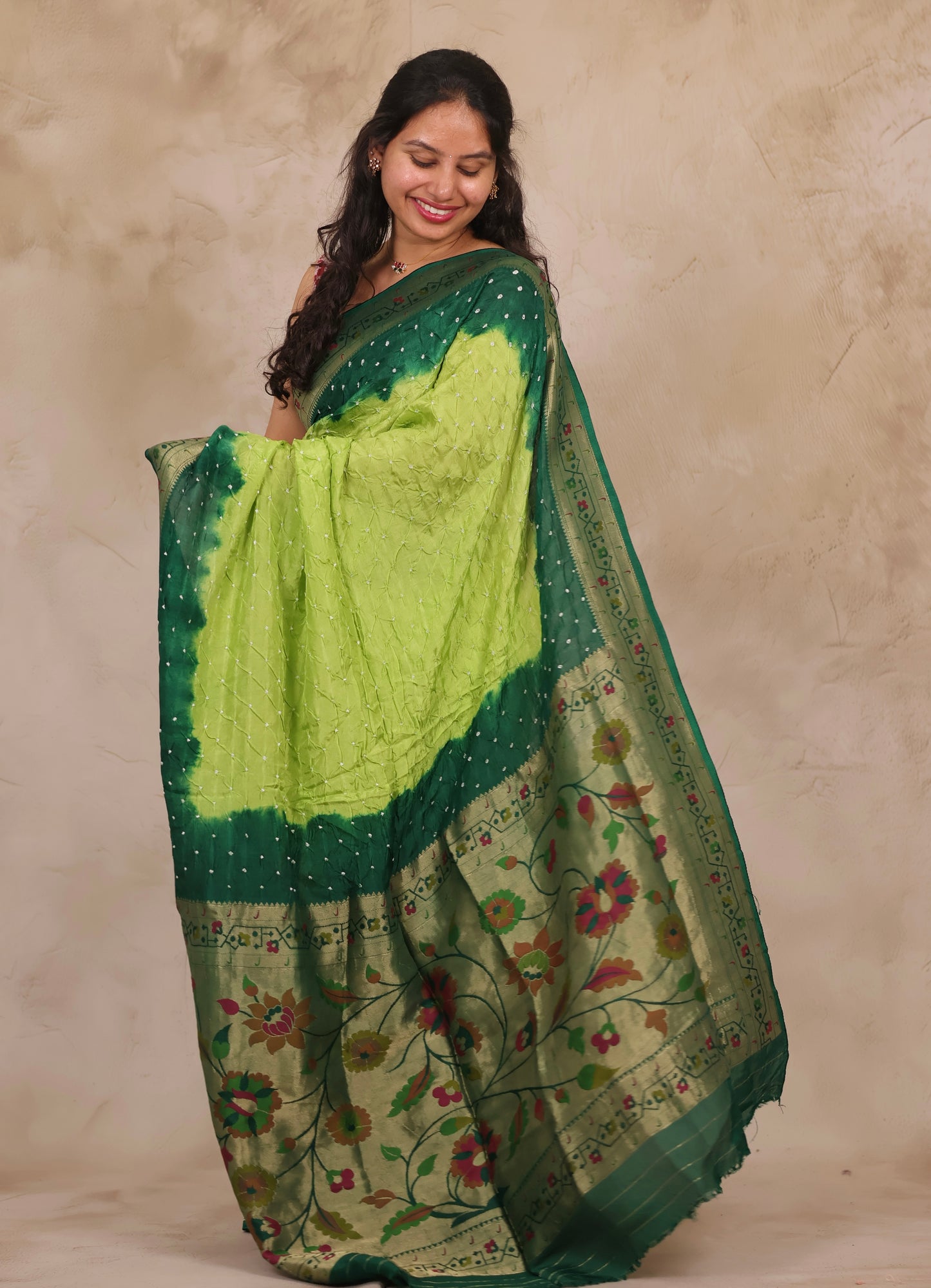 Dual Shade Green Handcrafted Bandhani Paithani Dola Silk Saree | Looms & Tassels
