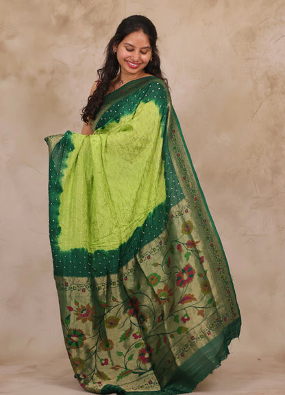 Dual Shade Green Handcrafted Bandhani Paithani Dola Silk Saree | Looms & Tassels