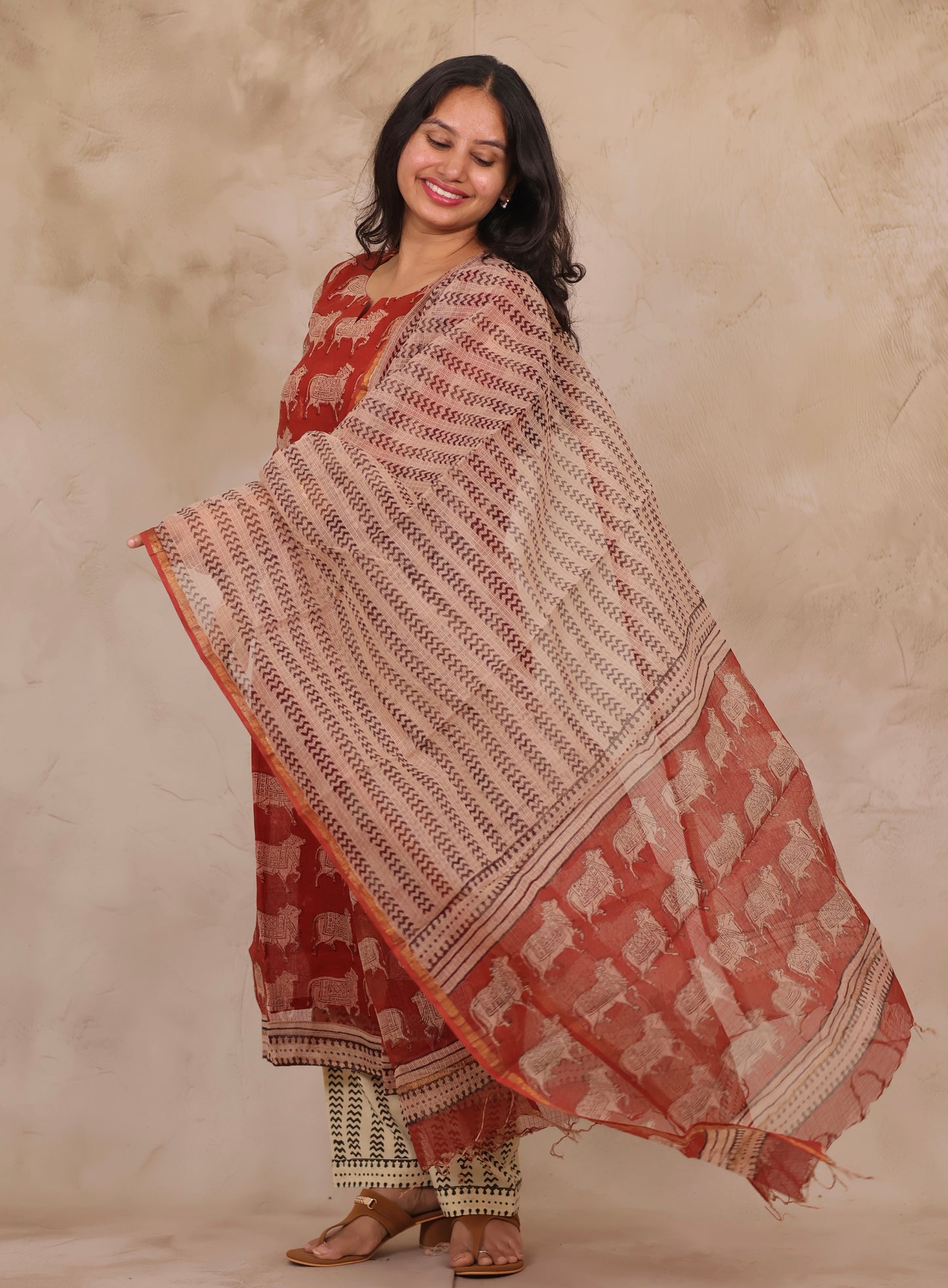 Maroon Pichwai Handblock printed kota 3 piece suit (stitched)