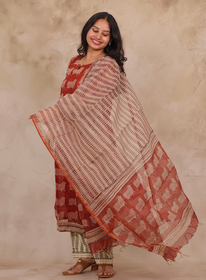 Maroon Pichwai Handblock printed kota 3 piece suit (stitched)
