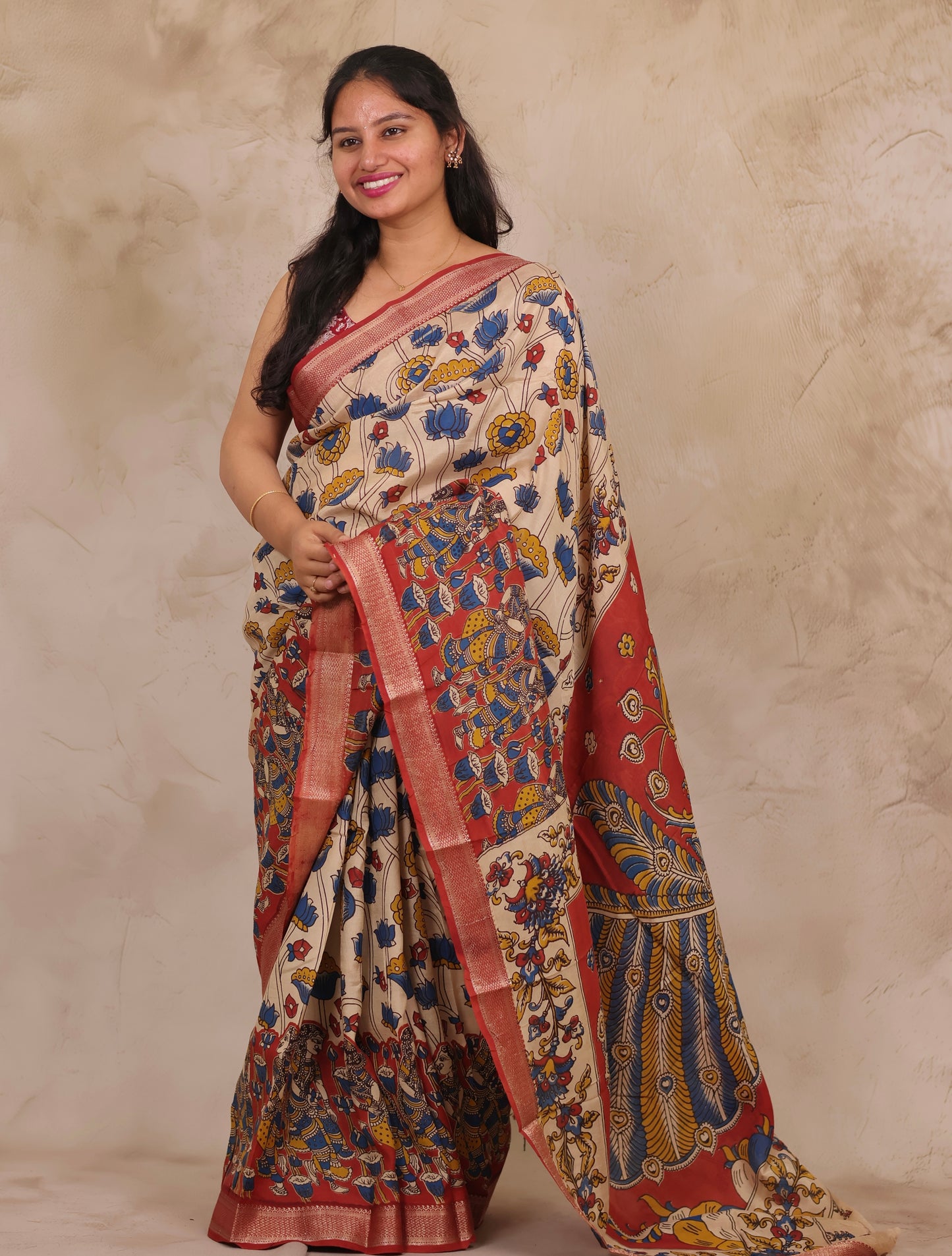 Cream Lotus Story Telling Kalamkari Nizam Border Chennur Silk Saree | Looms & Tassels
