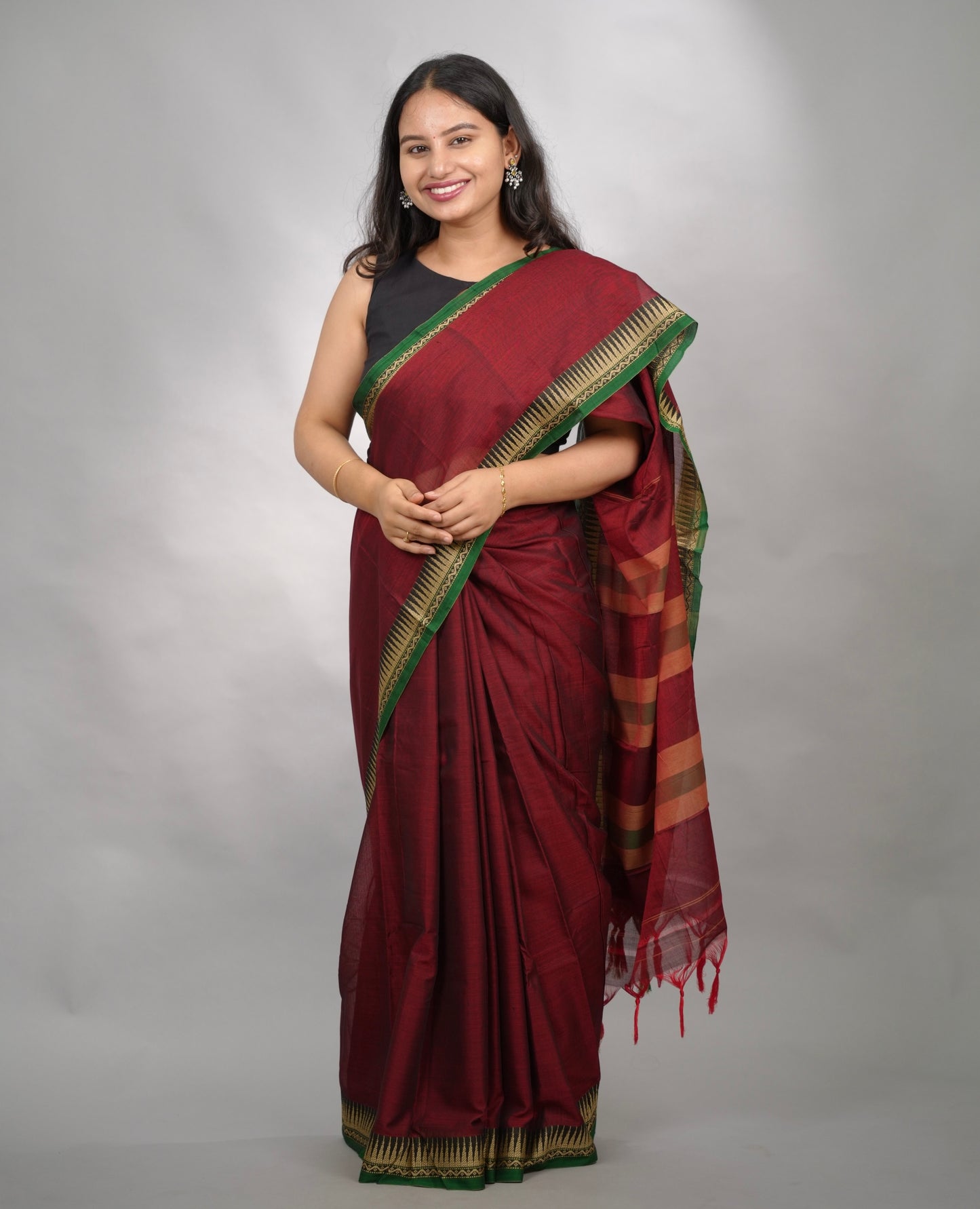 Maroon Narayanpet Cotton Saree With Temple Border | Looms & Tassels