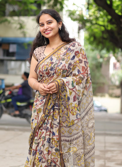 Cream Kalamkari printed Kota Doriya Saree