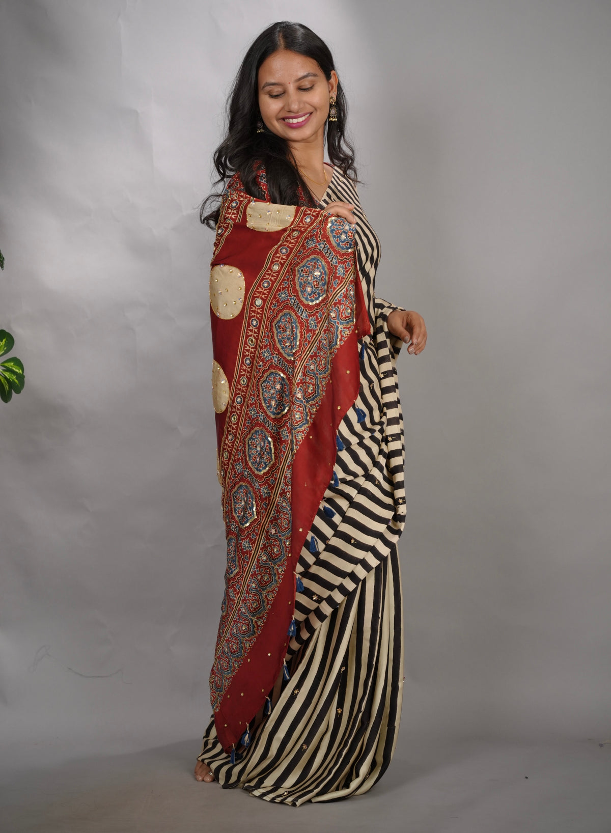Cream Ajrakh Modal Silk Hand Embroidery Saree | Looms & Tassels