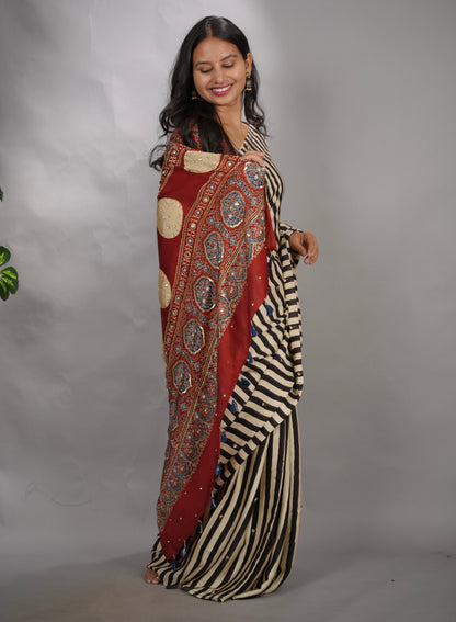 Cream Ajrakh Modal Silk Hand Embroidery Saree | Looms & Tassels