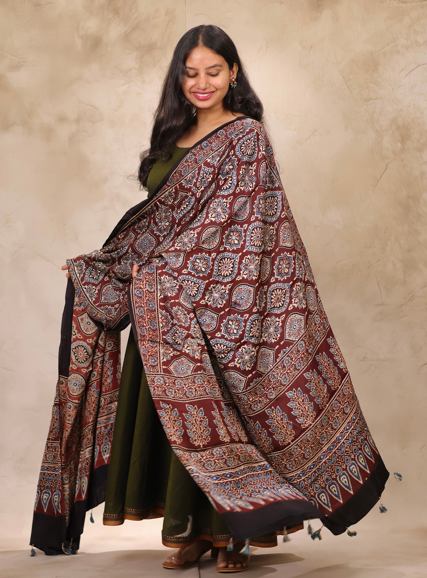 Mehandi Green Narayanpet Cotton Anarkali Dress with Ajrakh Modal Silk Dupatta | Looms & Tassels