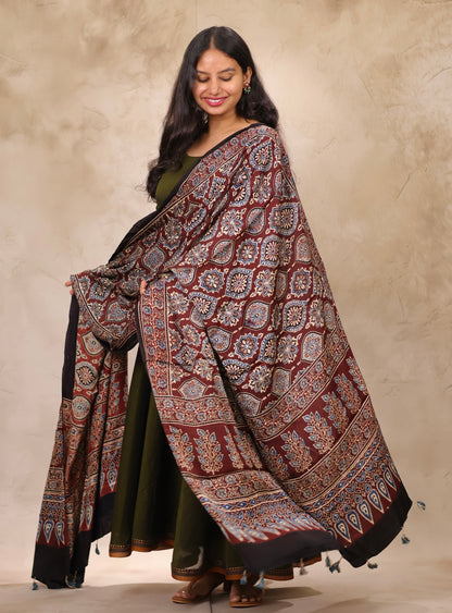 Mehandi Green Narayanpet Cotton Anarkali Dress with Ajrakh Modal Silk Dupatta | Looms & Tassels