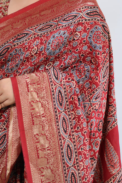 Red Ajrakh Dola Silk Saree