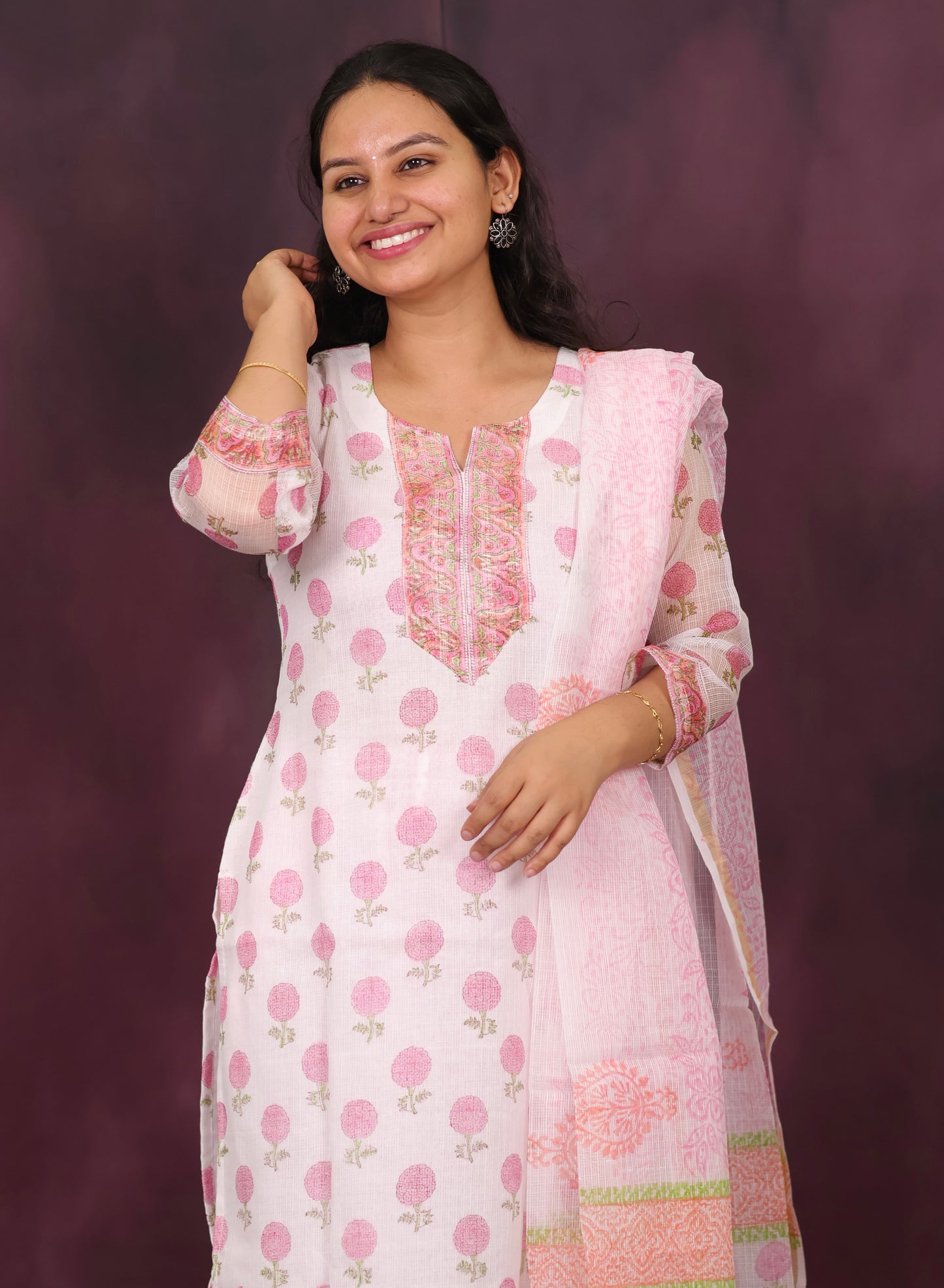 White Handblock printed kota 3 piece suit (stitched)