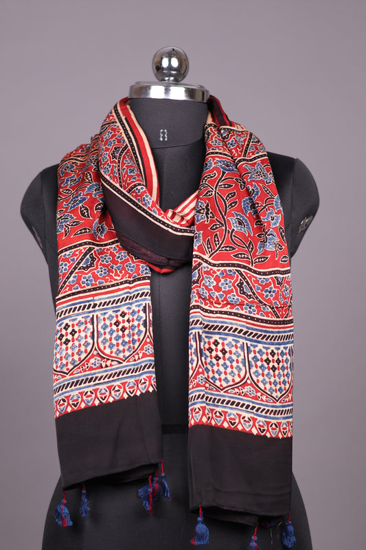 Red stripes Ajrakh Hand Block Printed Modal Silk Stole | Looms & Tassels