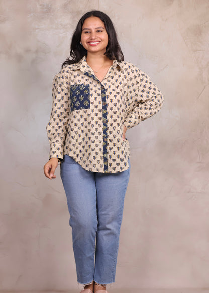 Cream Ajrakh Handblock Printed Patch Work Shirt (Pure Cotton ) | Looms & Tassels