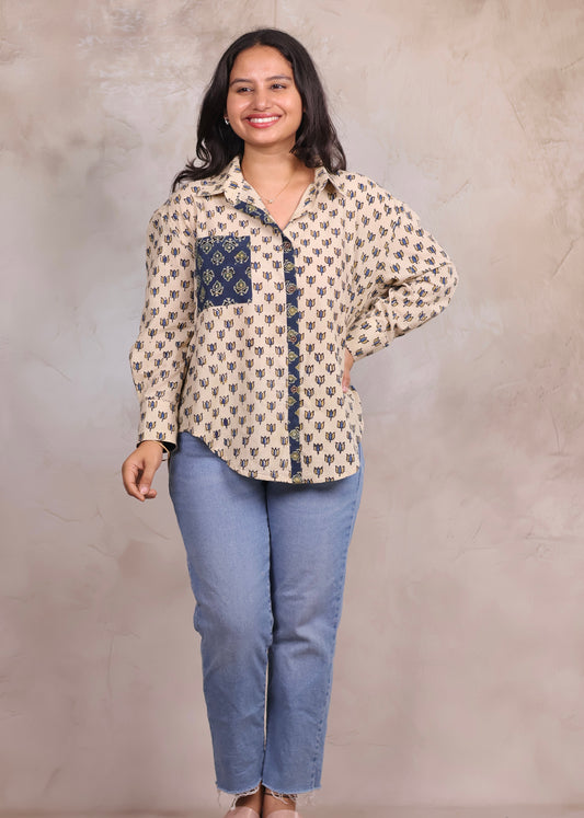 Cream Ajrakh Handblock Printed Patch Work Shirt (Pure Cotton ) | Looms & Tassels