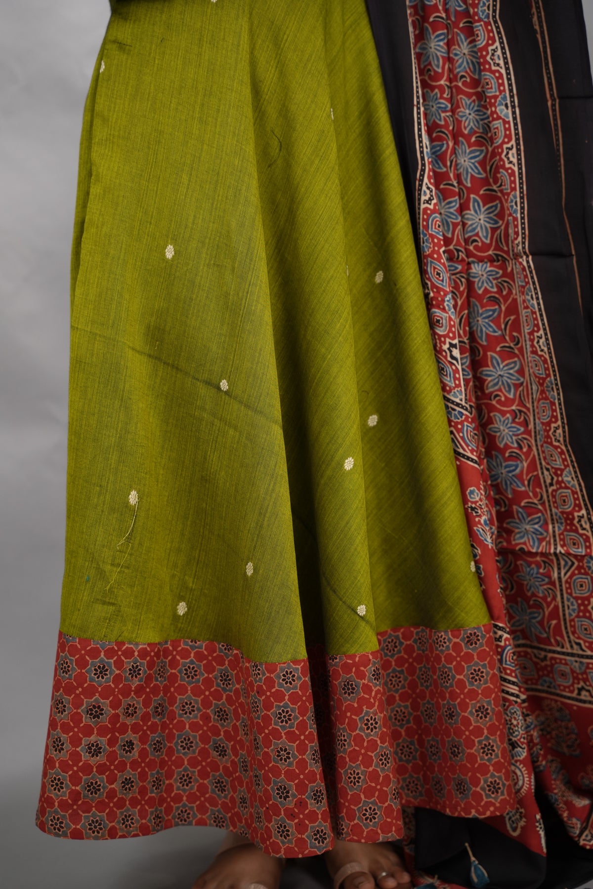 Parrot  Green Ajrakh Patch Work Narayanpet Cotton Anarkali Dress with Ajrakh Modal Silk Dupatta | Looms & Tassels