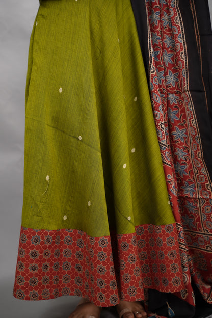 Parrot  Green Ajrakh Patch Work Narayanpet Cotton Anarkali Dress with Ajrakh Modal Silk Dupatta | Looms & Tassels
