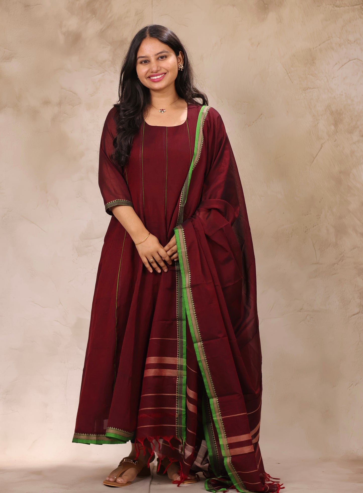 Maroon Narayanpet Cotton Anarkali Dress with Narayanpet Dupatta | Looms & Tassels