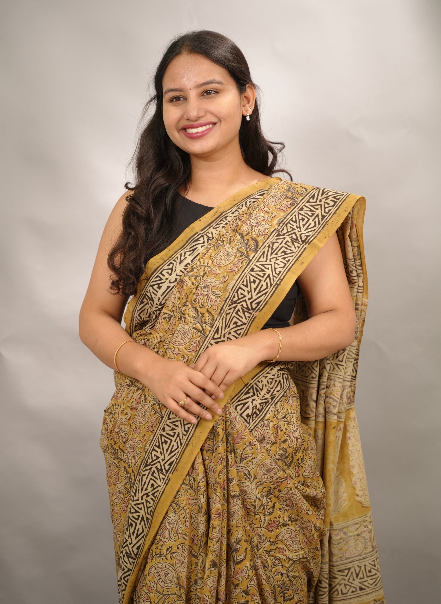 Mustard Hand Block Printed Kalamkari Cotton Saree | Looms & Tassels