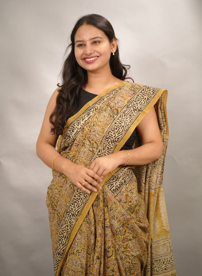 Mustard Hand Block Printed Kalamkari Cotton Saree | Looms & Tassels