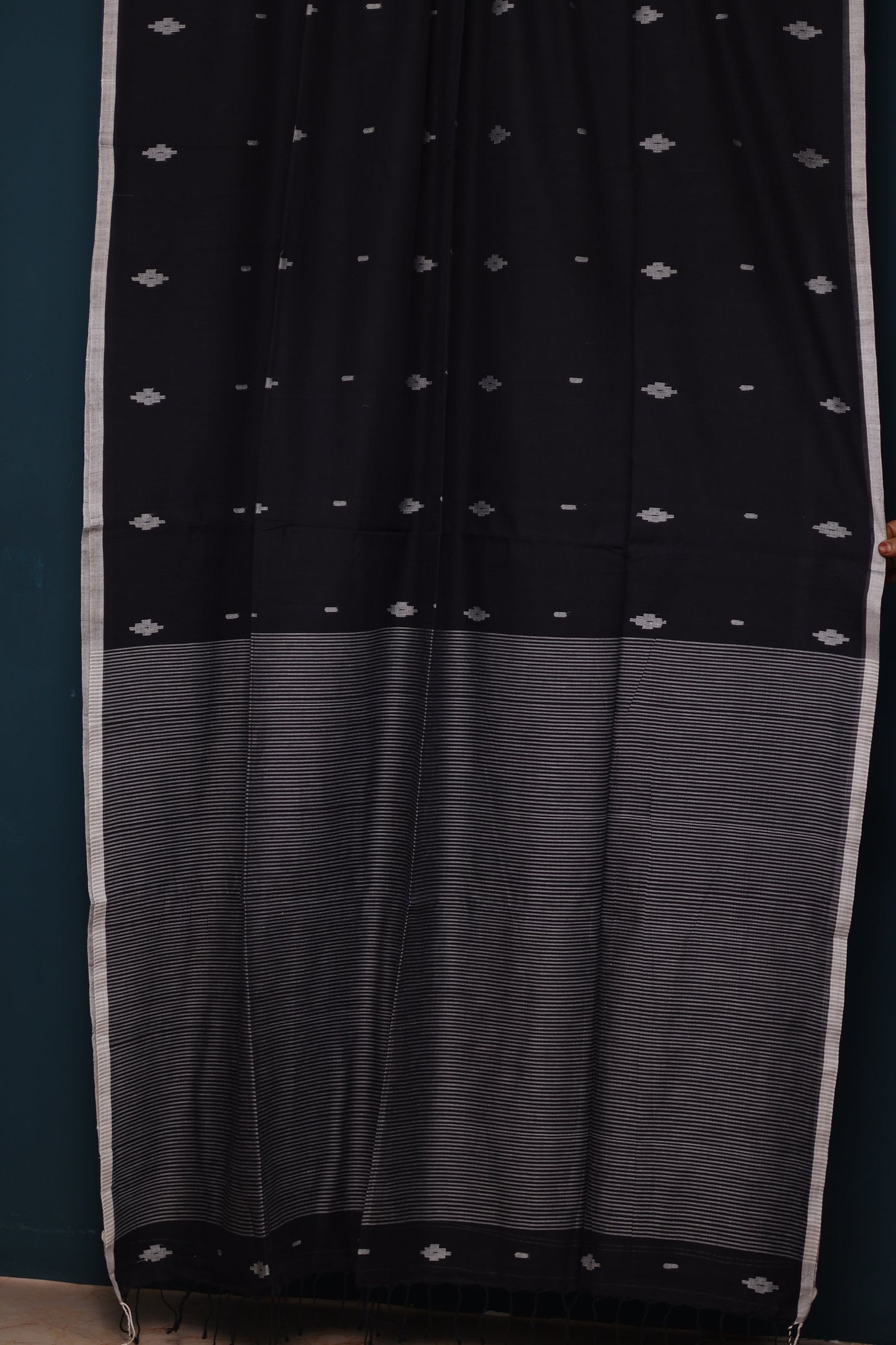 Black Pure Handwoven Mercerised Cotton Saree with Butta Weaving