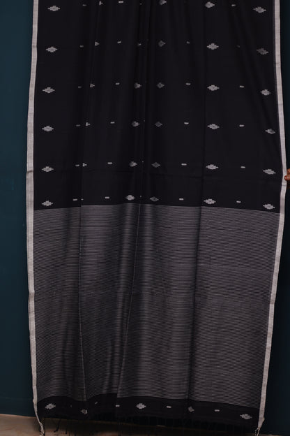 Black Pure Handwoven Mercerised Cotton Saree with Butta Weaving