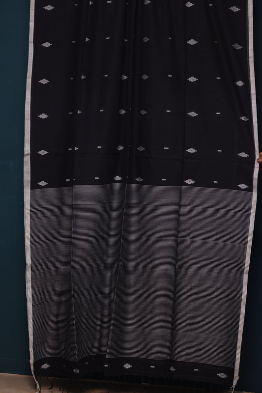 Black Pure Handwoven Mercerised Cotton Saree with Butta Weaving